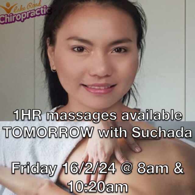We have two 1HR massage appoints available TOMORROW Friday 16/2/24 at 8am and 10:20am with Suchada. Please give us a call on 65831449, message us below on Facebook or Insta, book online https://lakeroadchiro.com.au or email us at mail@lakeroadchiro.com.au if you’d like to reserve it. If you contact us via email, we will write back to confirm if you’ve secured the session. We look forward to seeing you!

#LakeRoadChiro #PortMacquarieChiro #PortMacquarie #Chiropractor #Chiropractic #acupuncture #chinesemedicine #acupuncturePortMacquarie 
#relaxation
#wellness
#selfcare
#holistichealth
#stressrelief
#bodywork
#mindbodysoul
#healinghands
#painmanagement
#healthandwellness
#massagebenefits
#selfhealing
#massagetechniques
#therapeuticmassage
#spaday
#tensionrelease
#rejuvenation
#Massageoil
#selflove